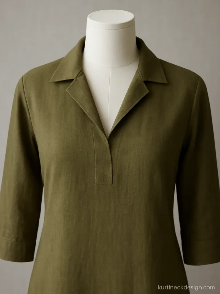 Collar neck kurti design in olive cotton with an open notched collar and V