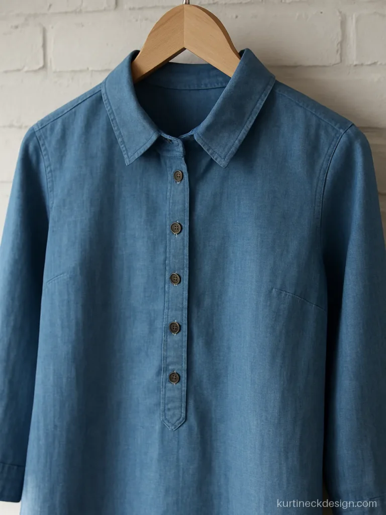 Shirt collar kurti neck design in denim blue chambray with a buttoned placket