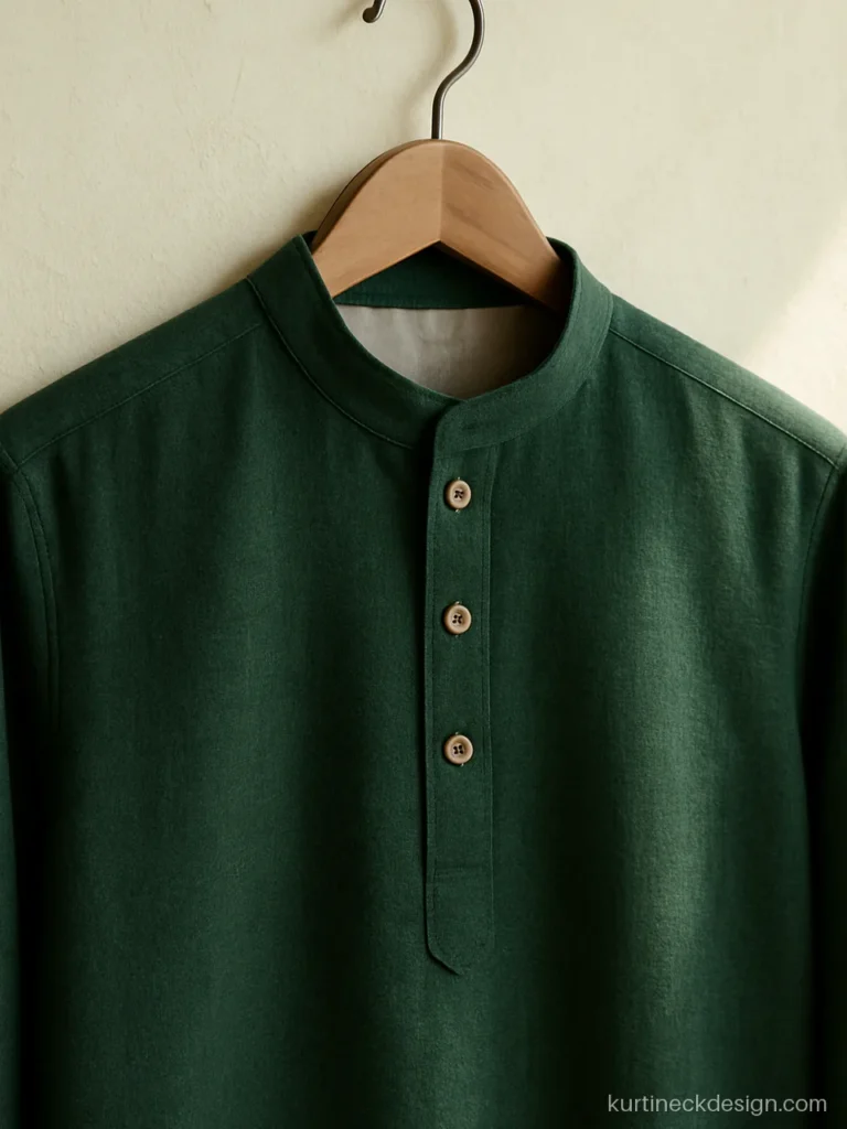 Neck collar suit design in bottle green woollen fabric with a band and buttons