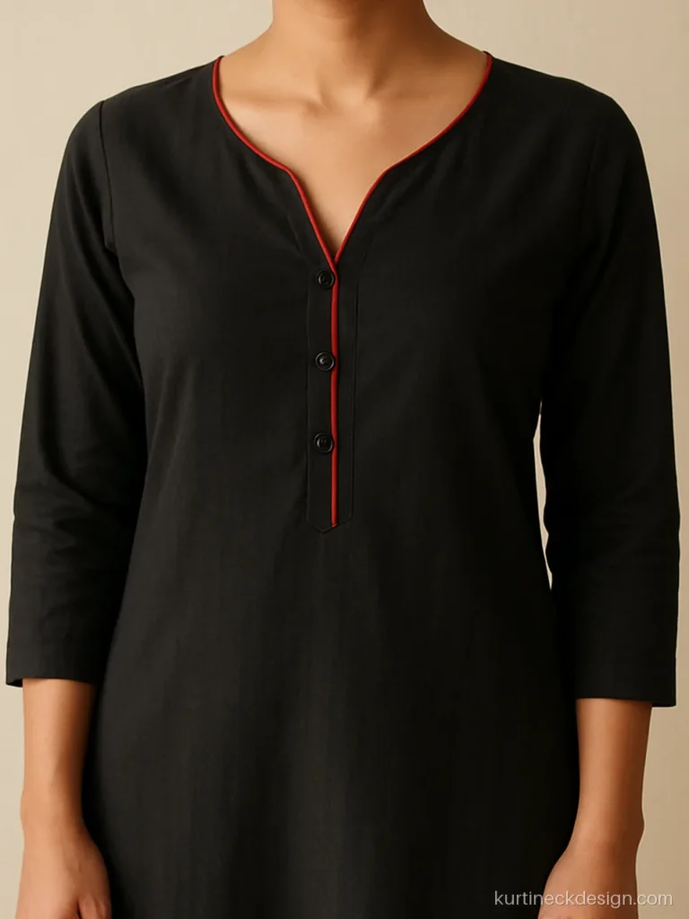 Black kurti neck design in cotton with a V placket and bright red piping