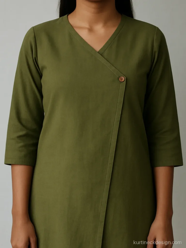 Cotton modern kurti neck design in olive with an asymmetric overlap and one button