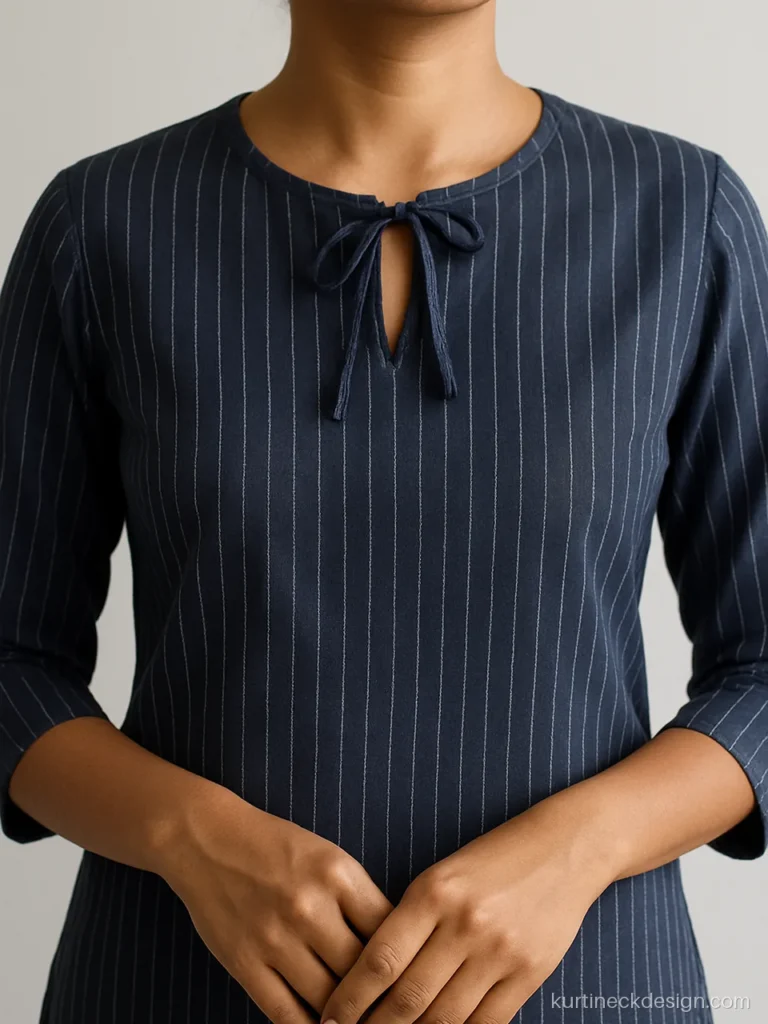 Cotton kurta neck design in navy pinstripe with a keyhole and soft bow tie