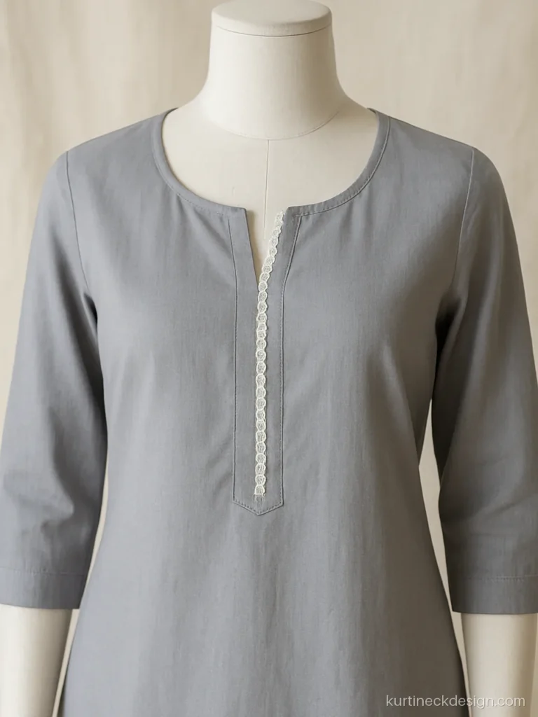 Cotton simple neck design for office in powder grey with a lace insert placket