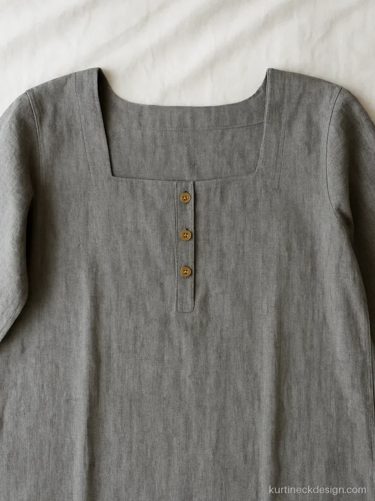 Plain suit neck design in grey cotton with a wide square neck and wooden buttons