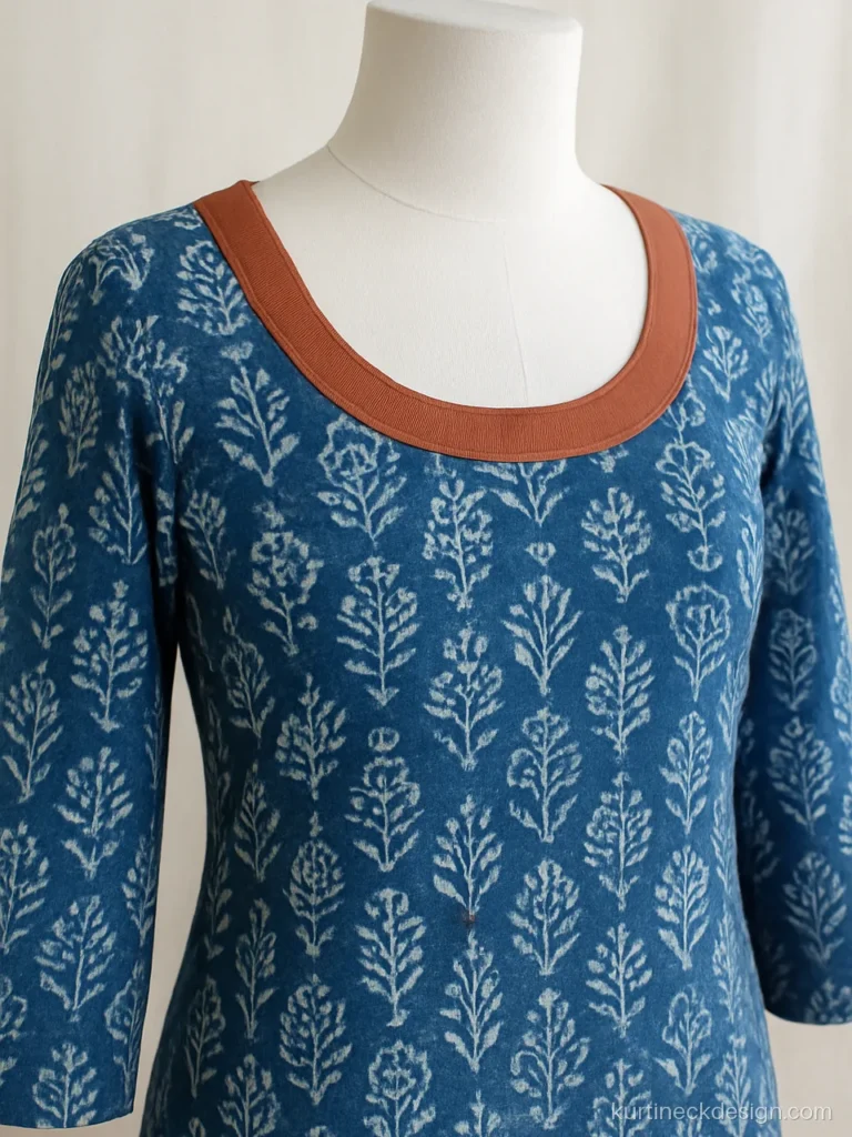 Colour neck design on an indigo block print cotton kurti with an outside contrast facing