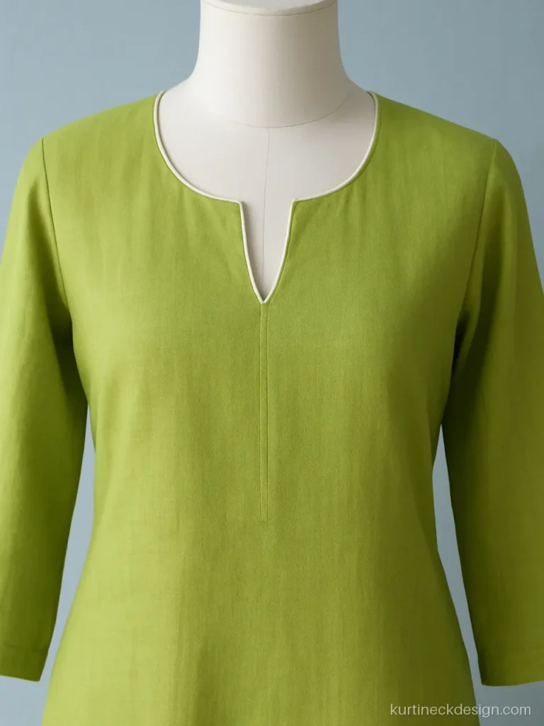 Neck design for cotton suit in lime green with a round notch and white piping