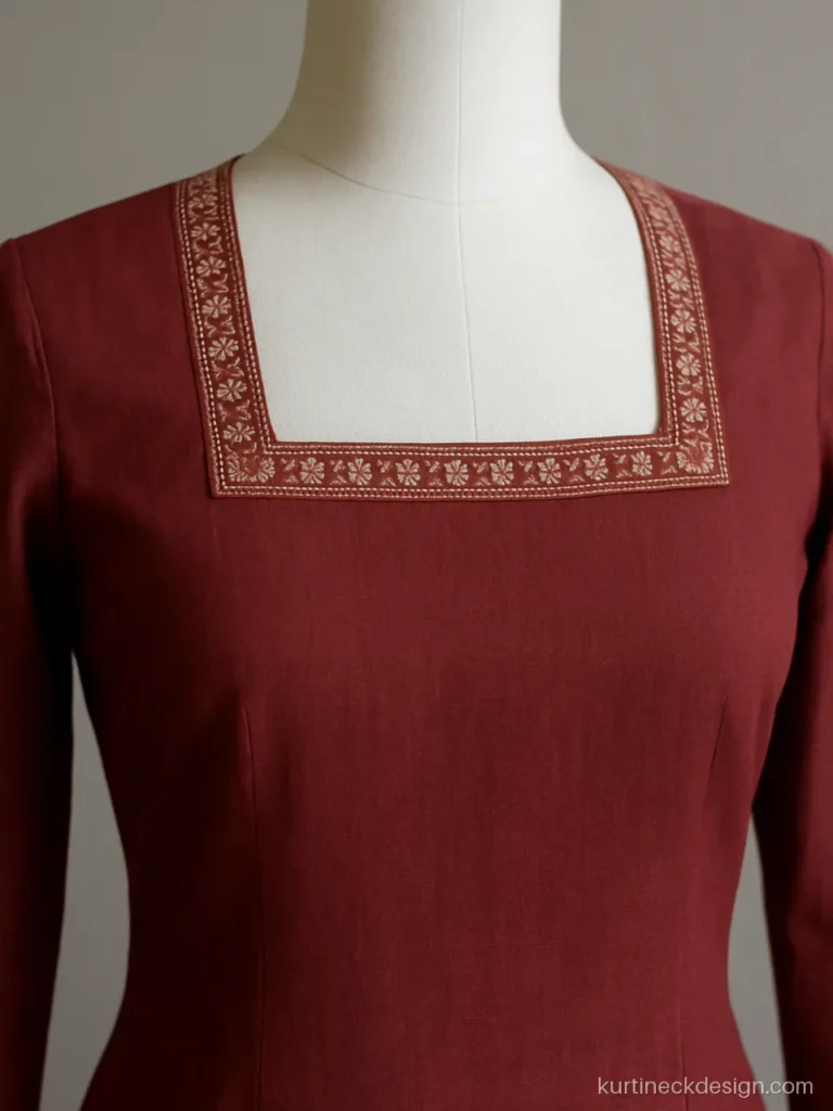 Front cotton suit neck design in maroon with a square neck and printed patti border