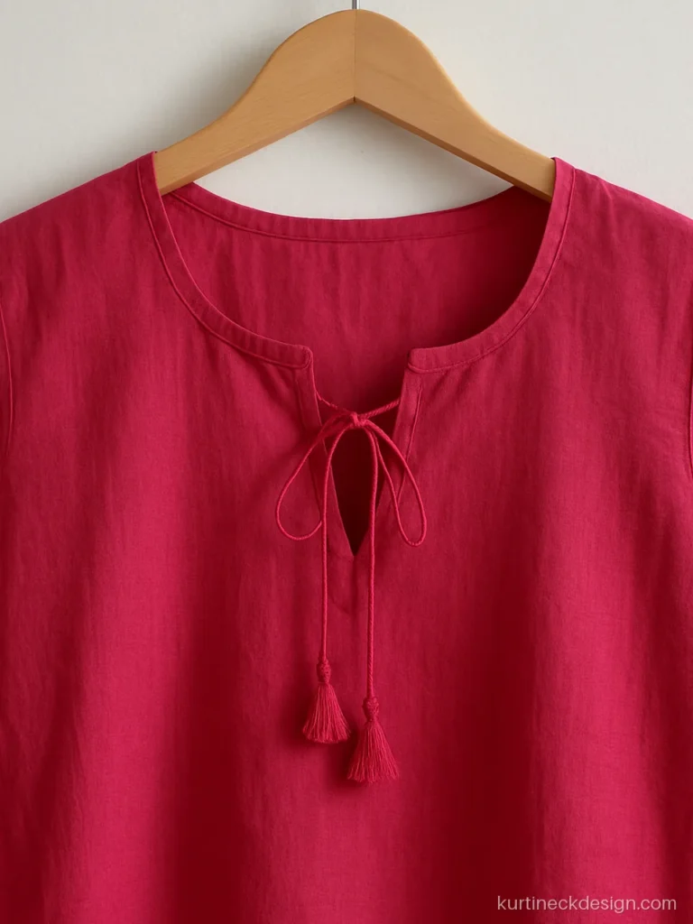 Cotton suit neck design in hot pink with a U neck and fabric tie tassels