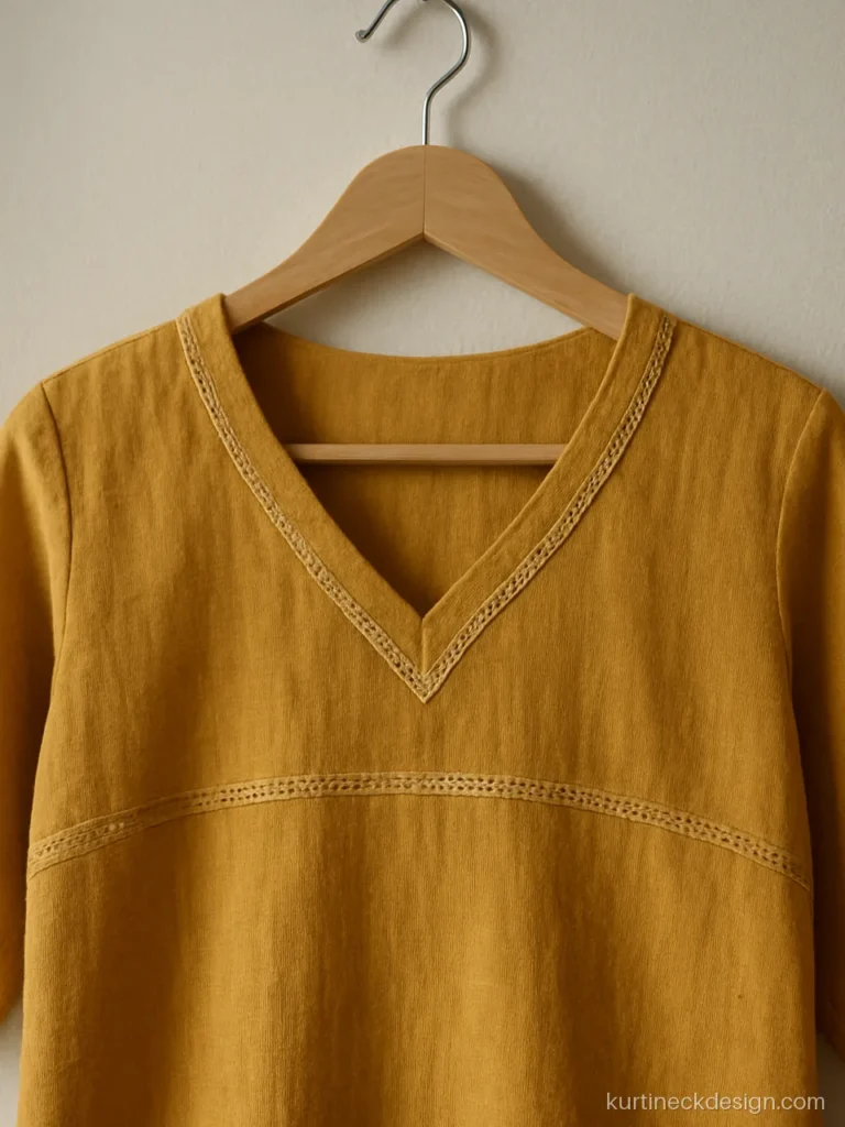 Cotton kurti neck design for women in mustard with a V neck and crochet lace strip