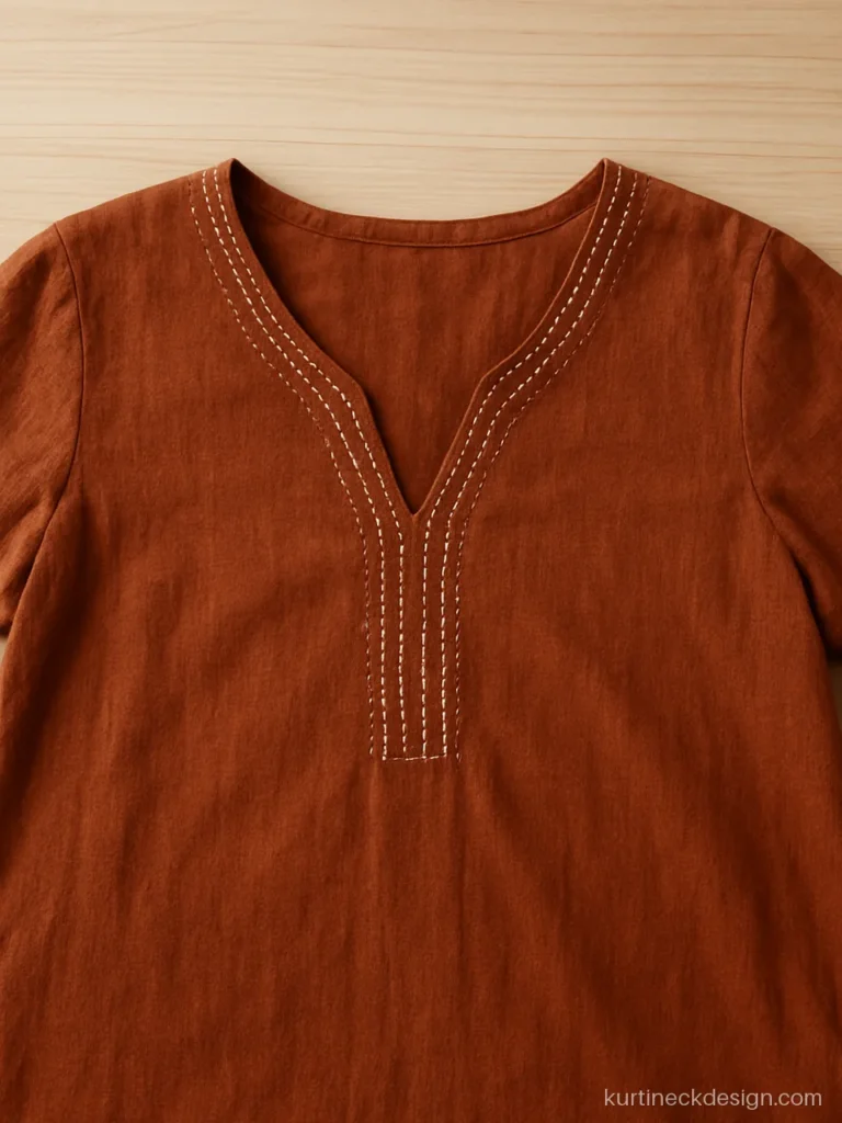 Cotton simple kurti neck design in rust with a V neck and kantha running stitch