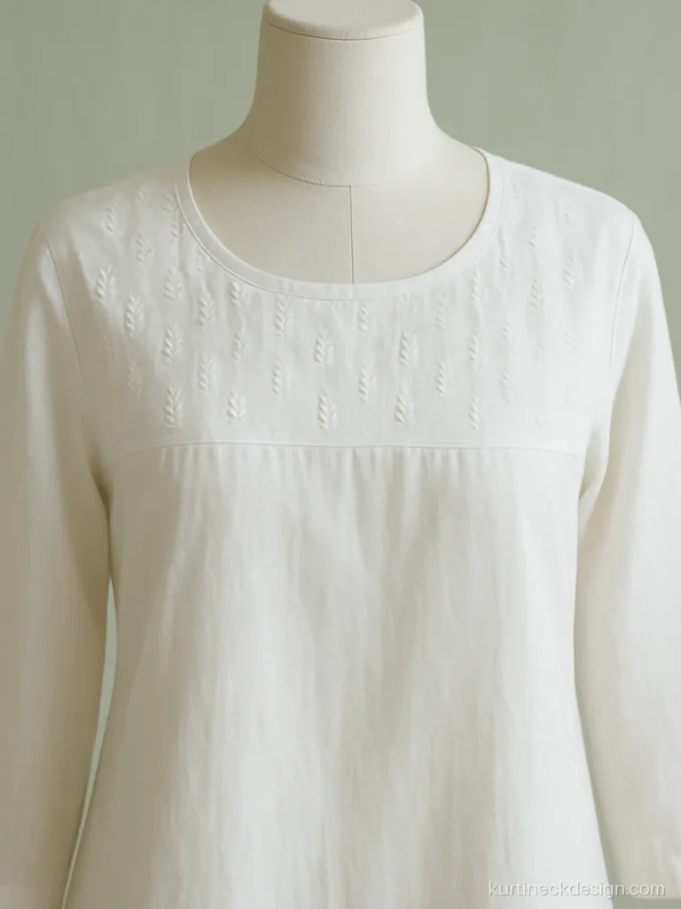 White kurti neck design in cotton with a round neck and white thread embroidered yoke