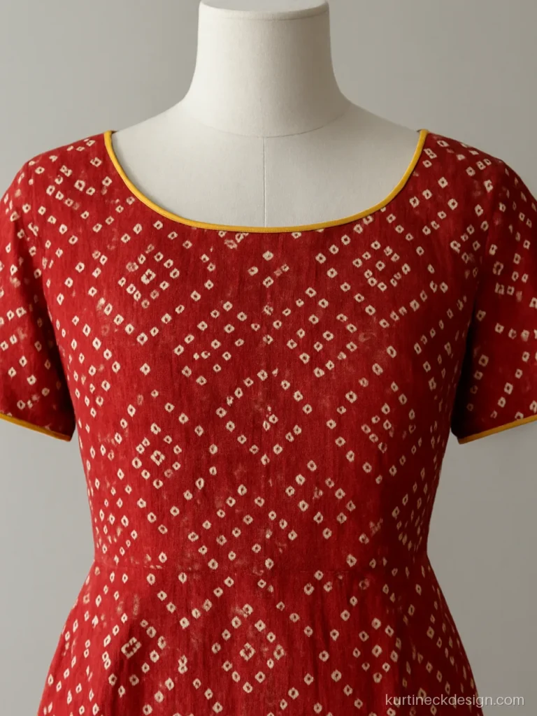 Boat neck dress design in red bandhani with piped edge