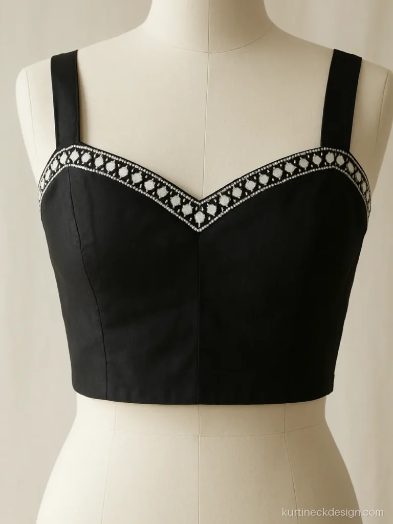 Crop top neck design in black with sweetheart shape and mirror work
