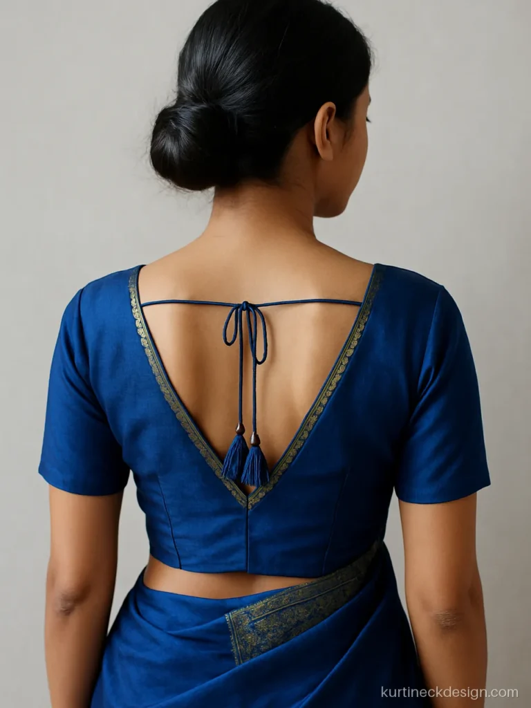 Royal blue saree dress back neck with V shape and silk tassels