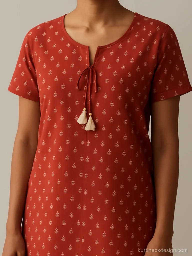 Neck design for short kurti in red cotton with tassel tie slit