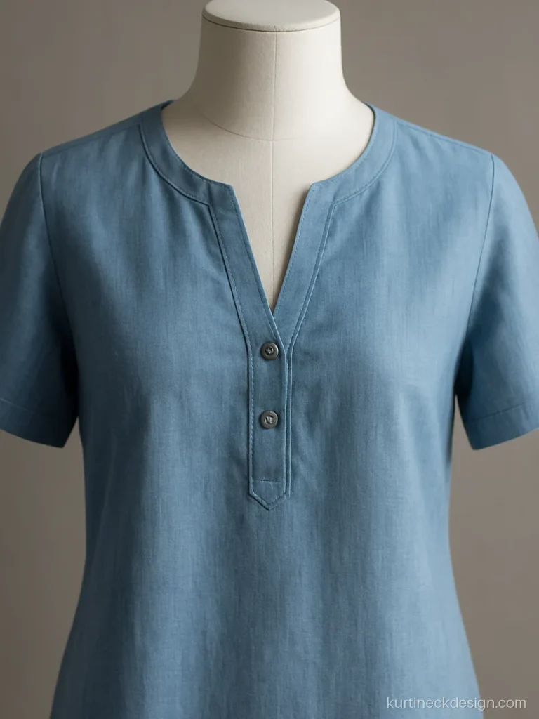 Short kurti neck design in light denim blue with V placket