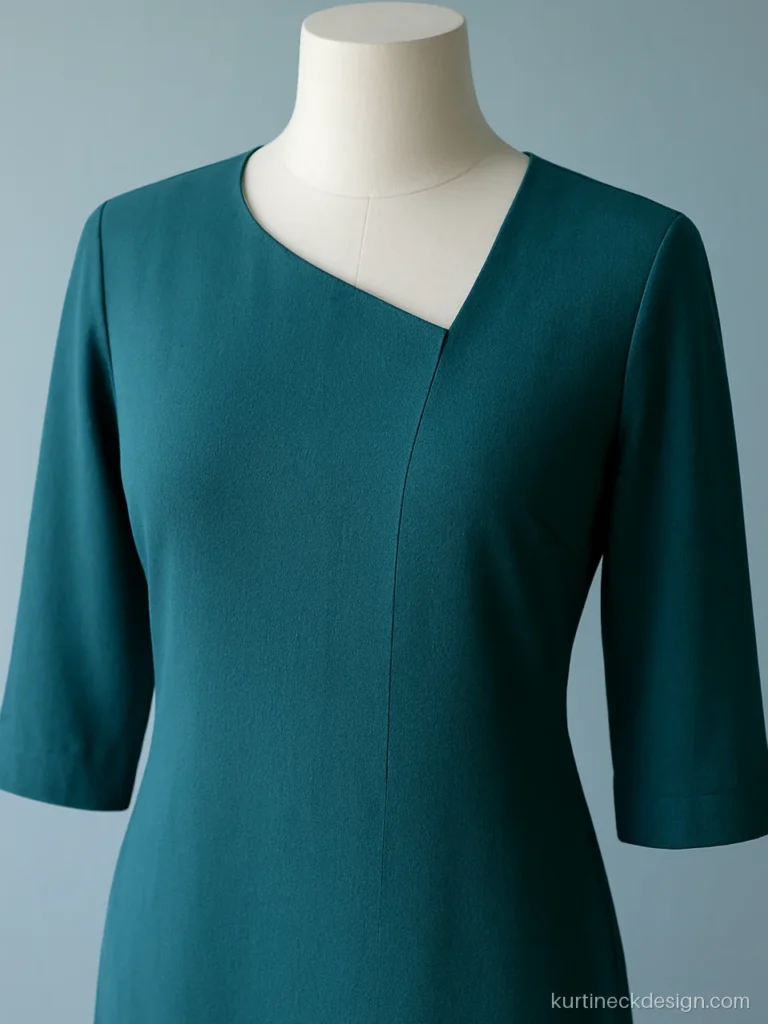 Modern asymmetric front suit neck design on a teal crepe kurti