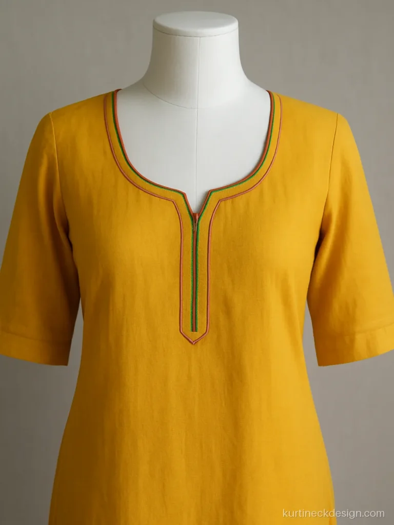 Kurti neck design front view with double piping on a yellow cotton U neck