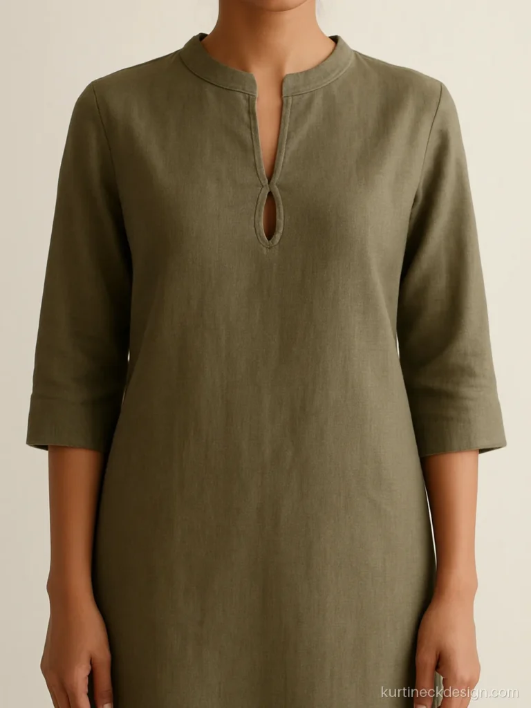 Stylish front neck design with a keyhole cut below a narrow band in olive linen