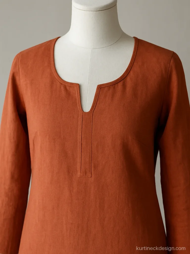 Narrow deep U front neck design on a rust cotton suit for broad shoulders