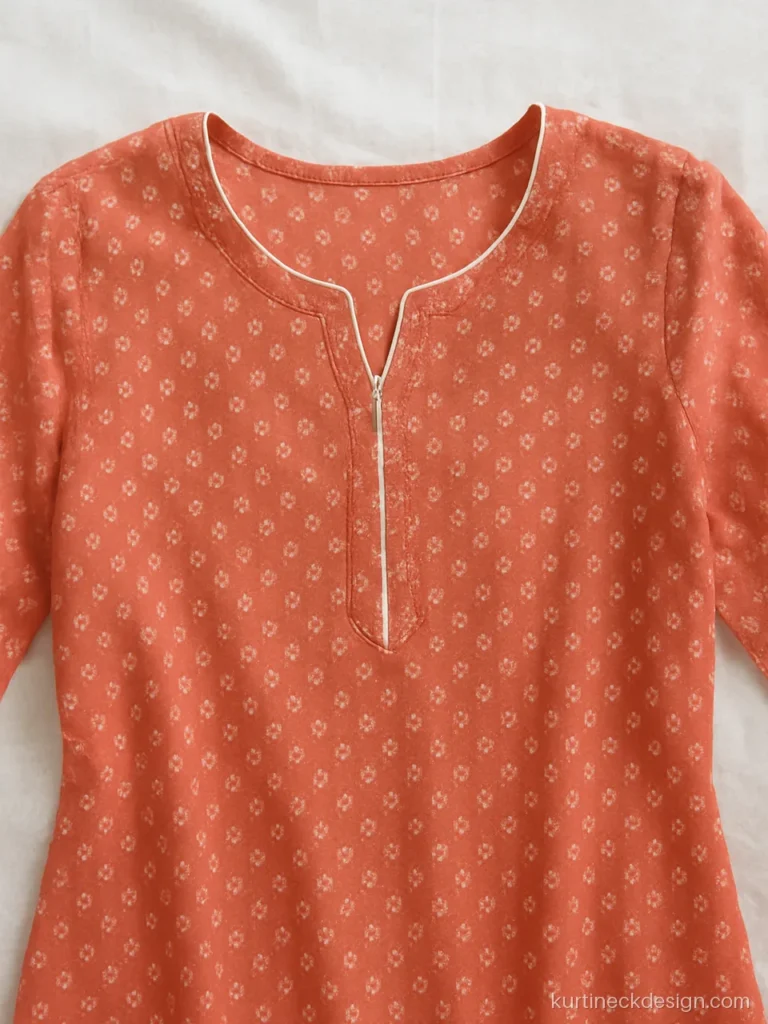 Notch neck with white piping on a coral printed rayon kurti