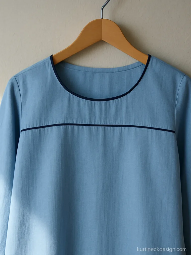 Front kurti neck design with piped yoke lines on sky blue mul cotton