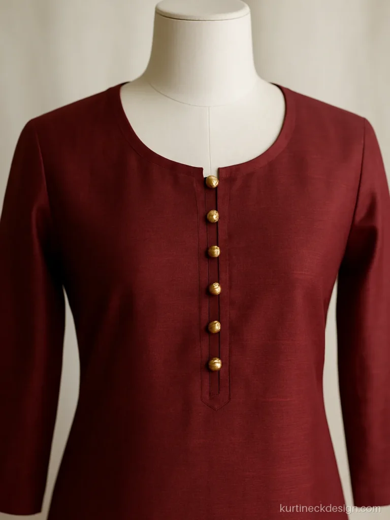 Stylish front suit neck design with potli buttons on a maroon silk placket