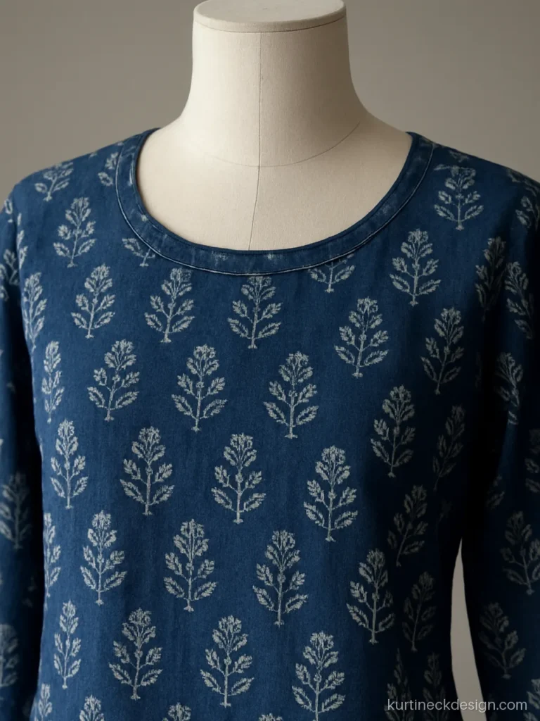 Simple round front kurti neck design in indigo cotton with clean self facing