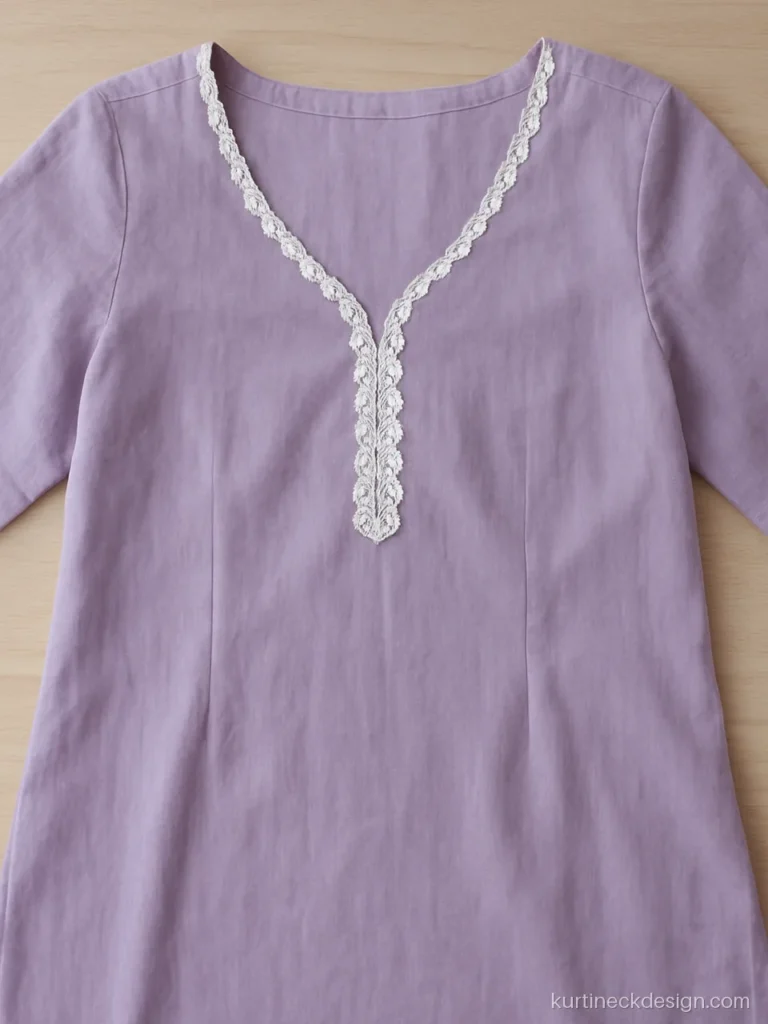 V neck with white scallop lace along the edge on a lilac cotton kurti