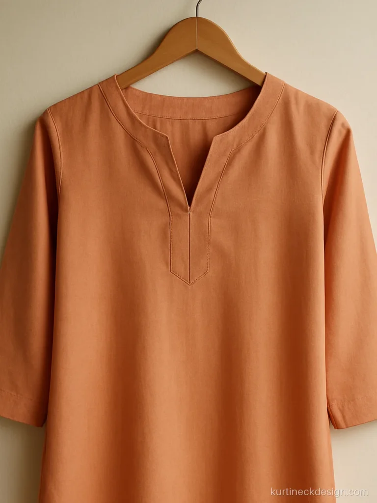 Shallow V front neck design on a peach rayon kurti with a tiny tuck