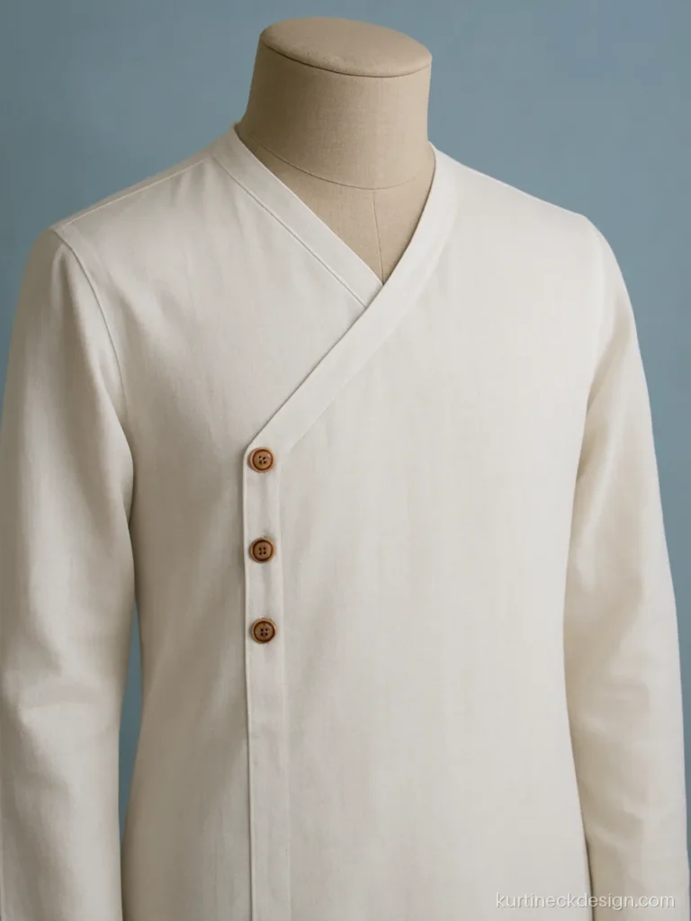 Side button angrakha front neck design on a white cotton suit