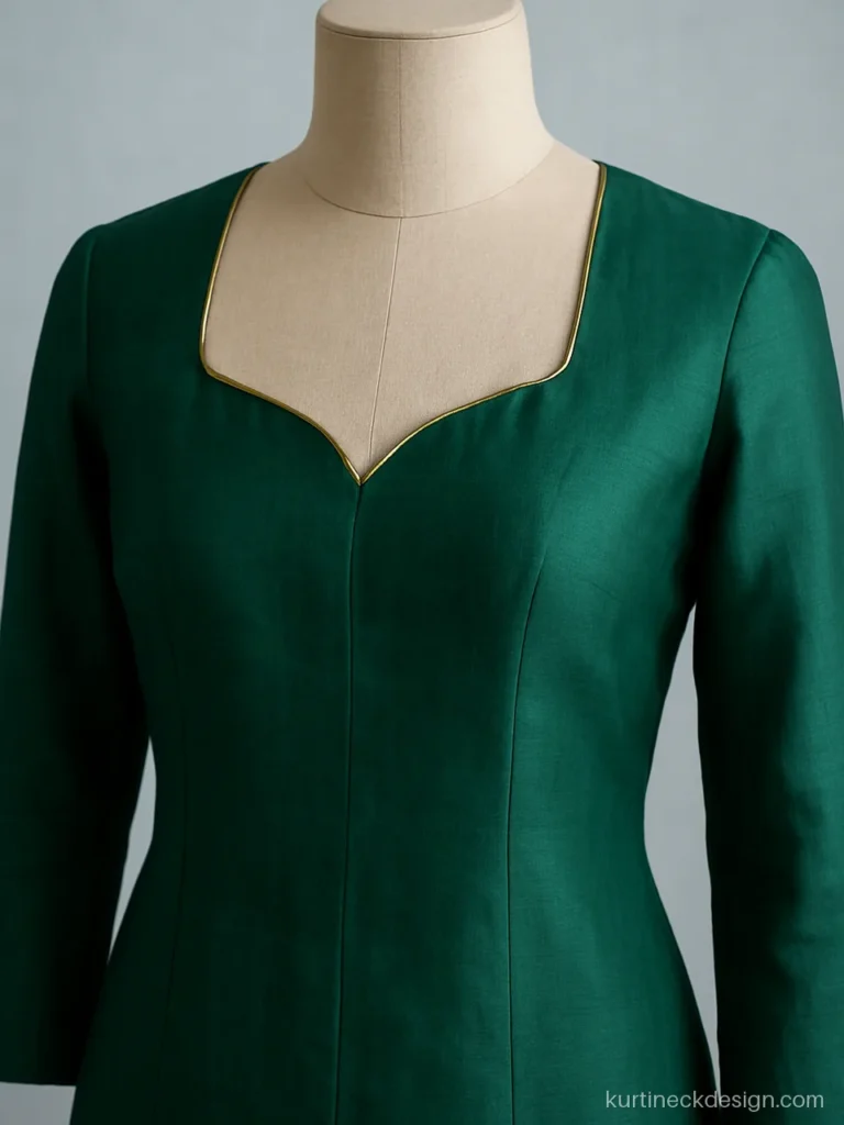Narrow sweetheart front neck design on an emerald silk suit