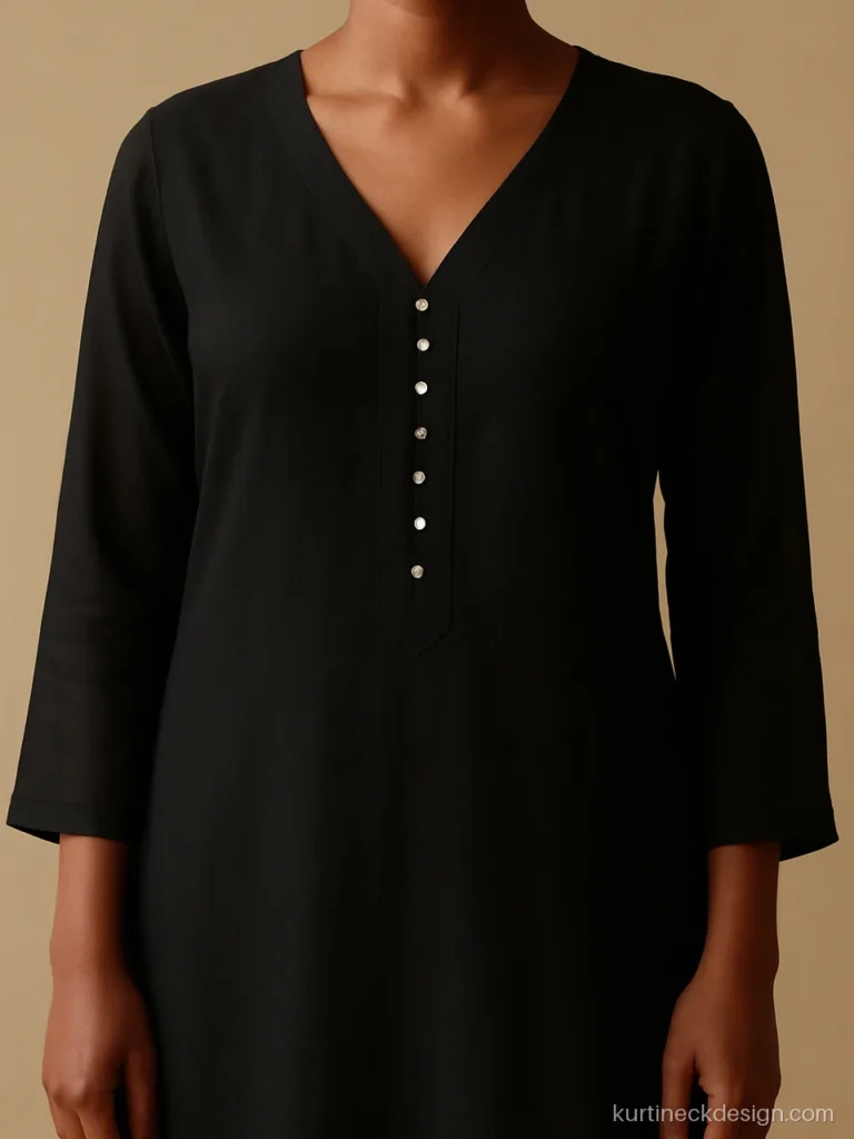 Front V neck design on black georgette with tiny mirror buttons down the centre