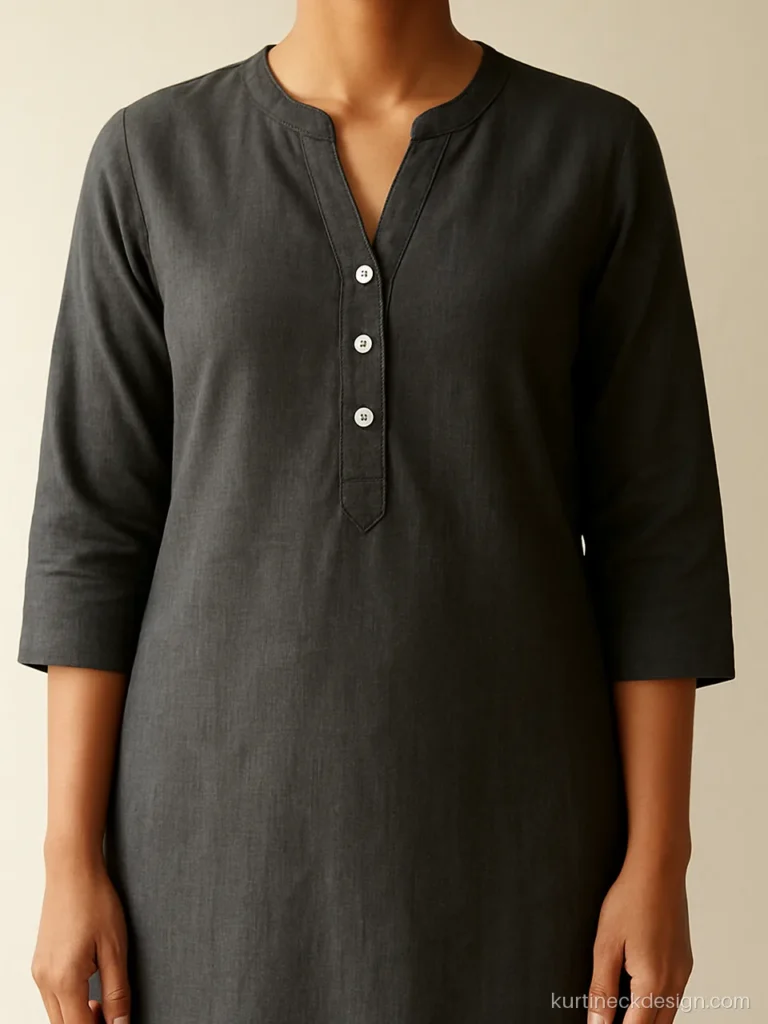 Collarless V placket front neck on a grey khadi kurti