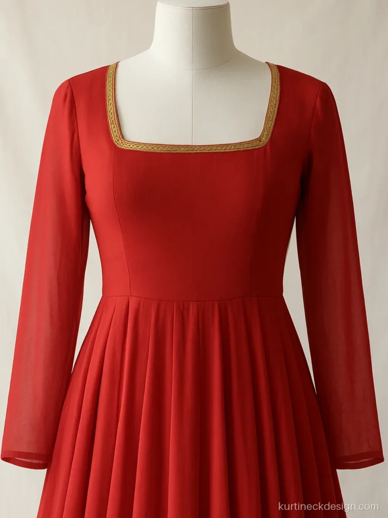 Front anarkali suit neck design with square neck and gota on red georgette