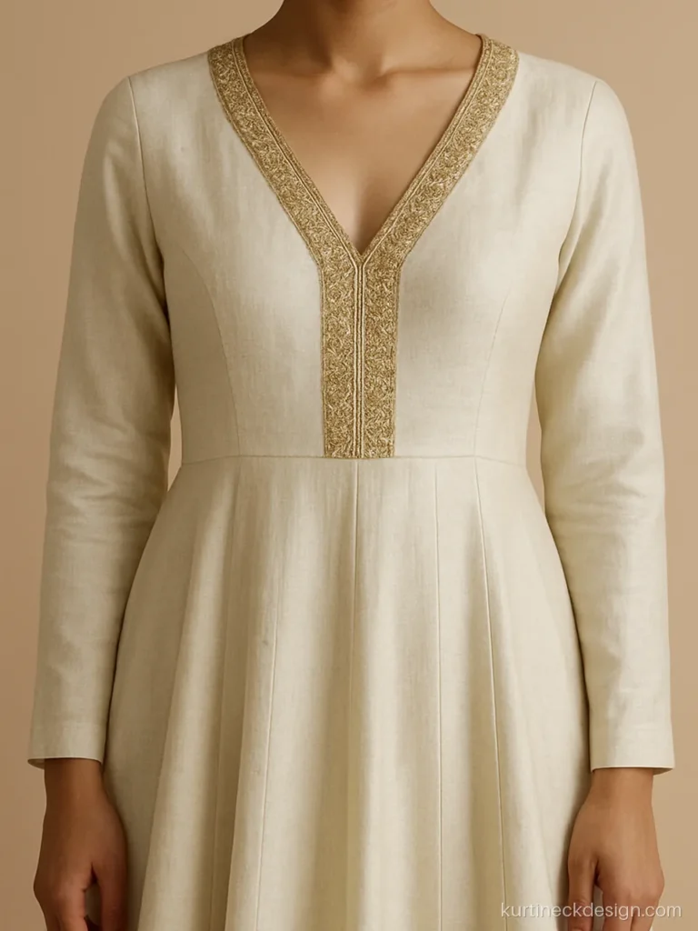 Neck design for anarkali in ivory silk with zardozi along a V neck