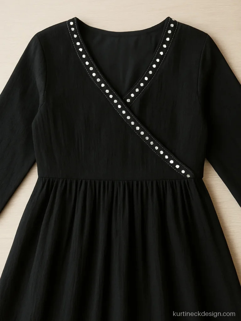 Long gown neck design with angrakha overlap and mirror work