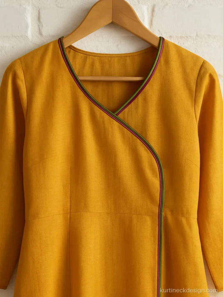 Saffron frock suit with curved angrakha neck and double piping