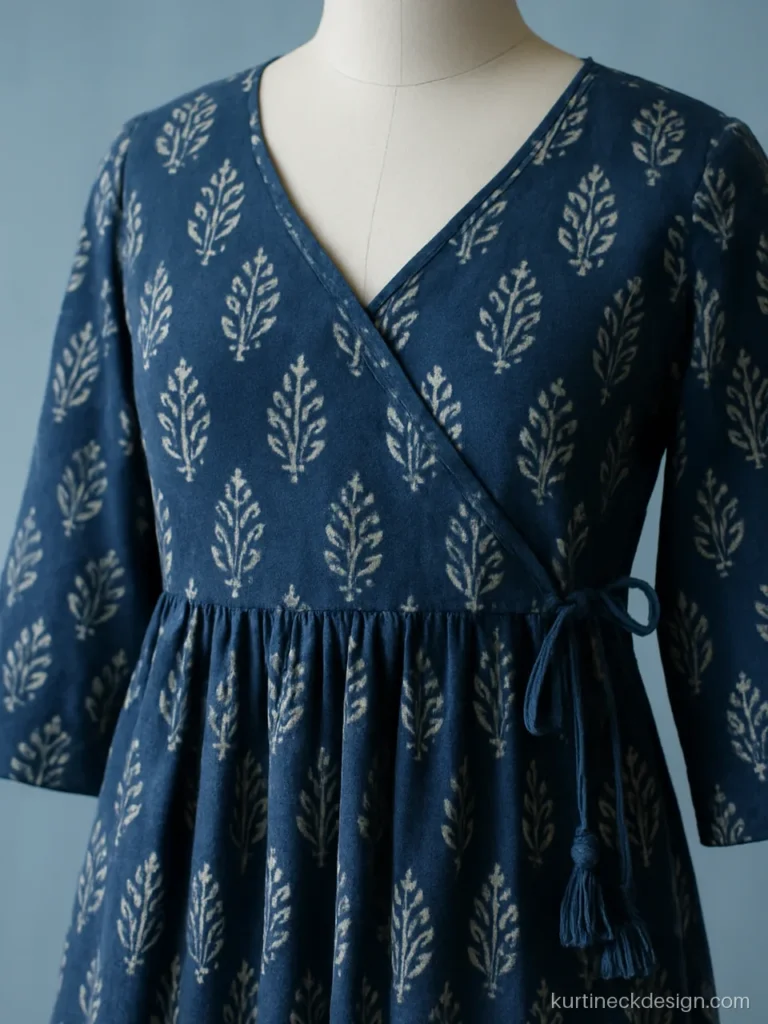 Angrakha neck design on indigo cotton gown with side tie dori