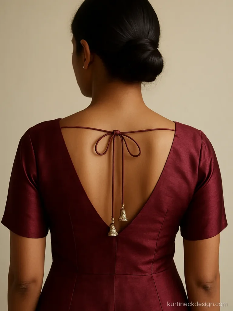 Back side gown back neck design with deep V and tie dori in wine silk