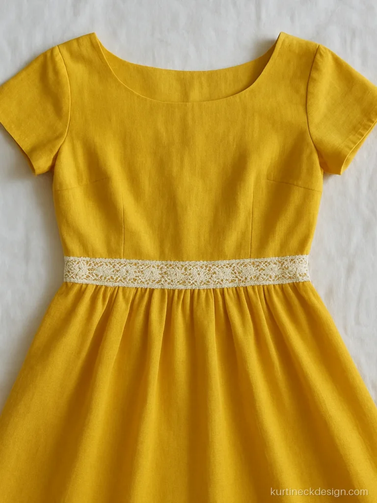 Boat neck frock design in yellow cotton with lace at the waist seam