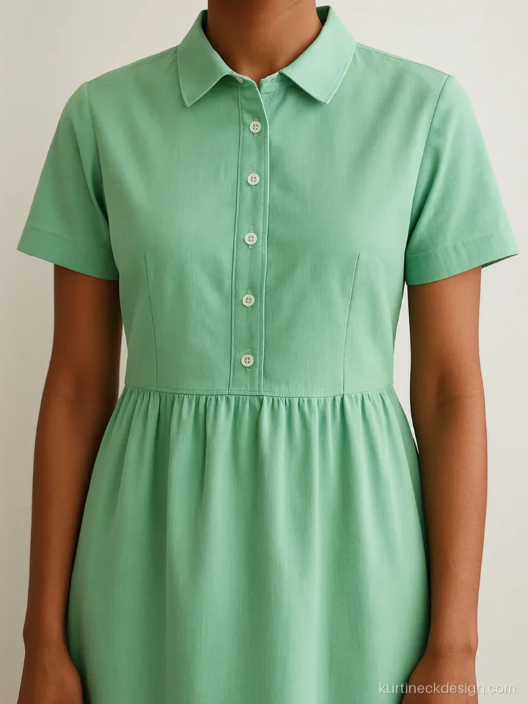 Collar neck frock design in mint cotton with small button placket