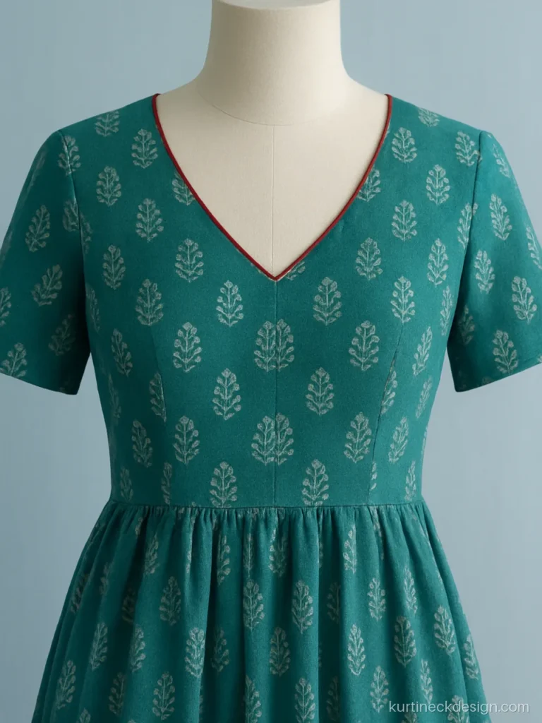 V neck frock design on teal printed cotton with contrast piping