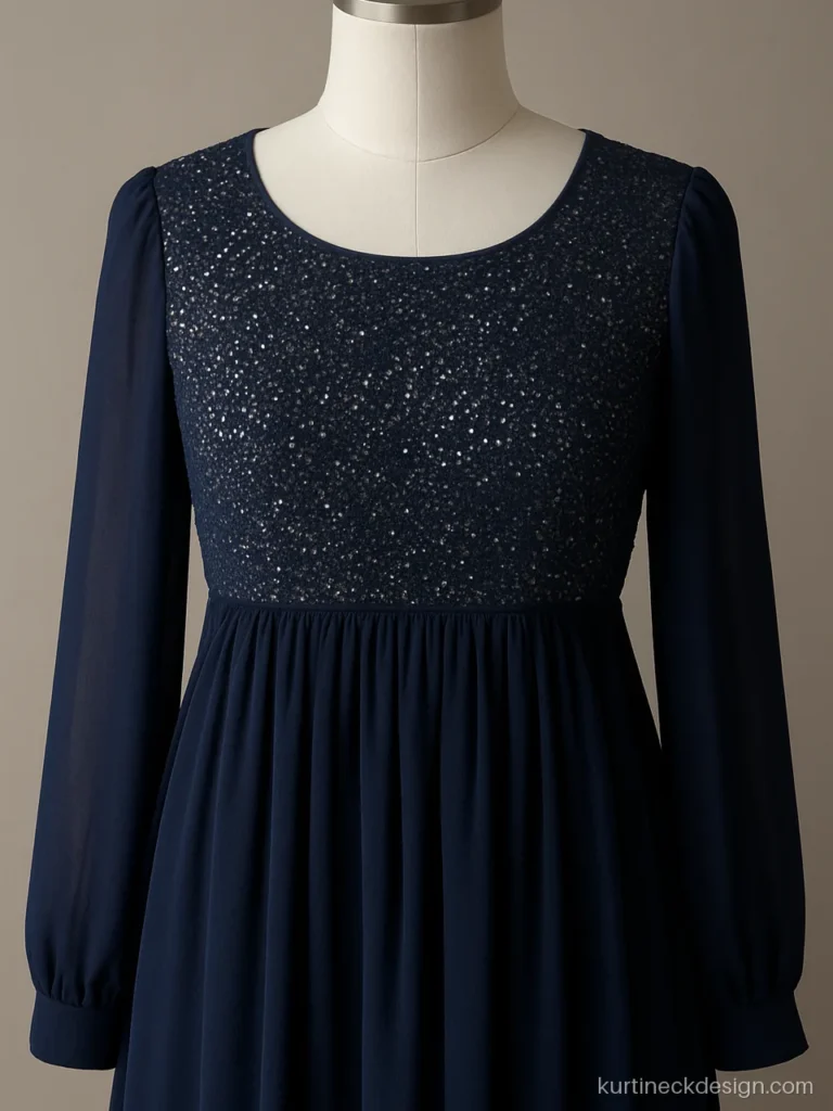Simple gown neck design in midnight blue georgette with sequin yoke