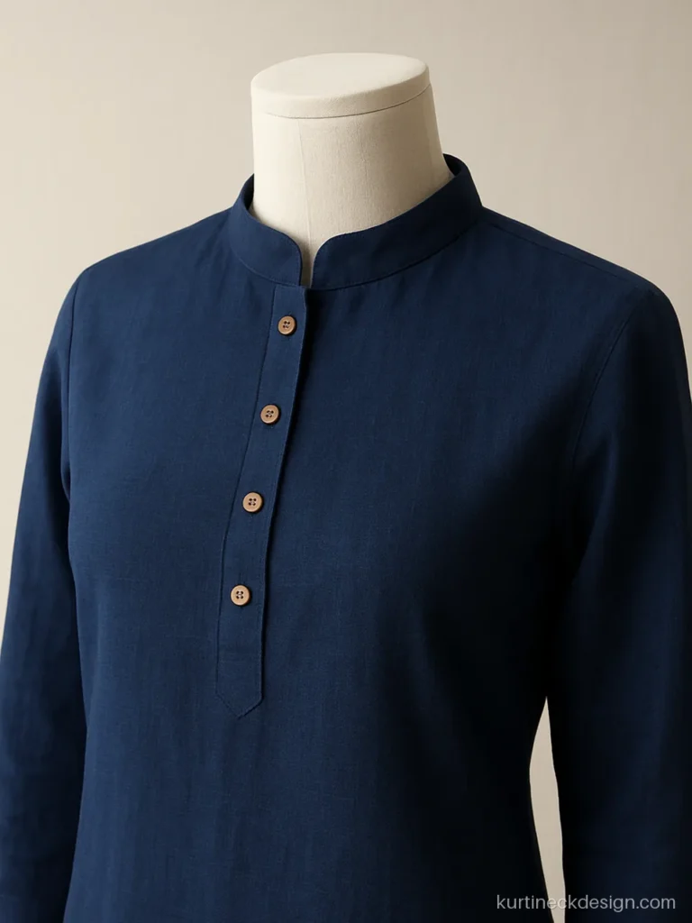 Women kurta neck design with a Chinese collar on indigo khadi