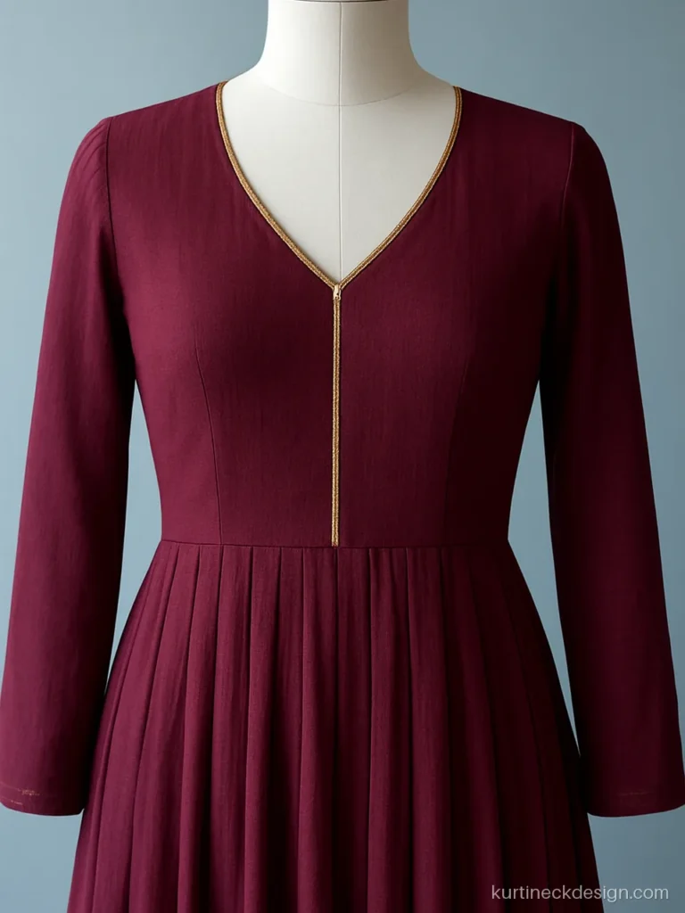 Long kurti neck design with a soft V on a wine georgette anarkali