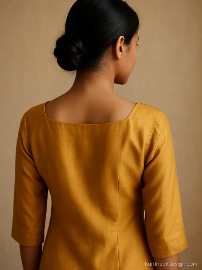 Boat neck on a mustard silk long kurti with a wide straight edge