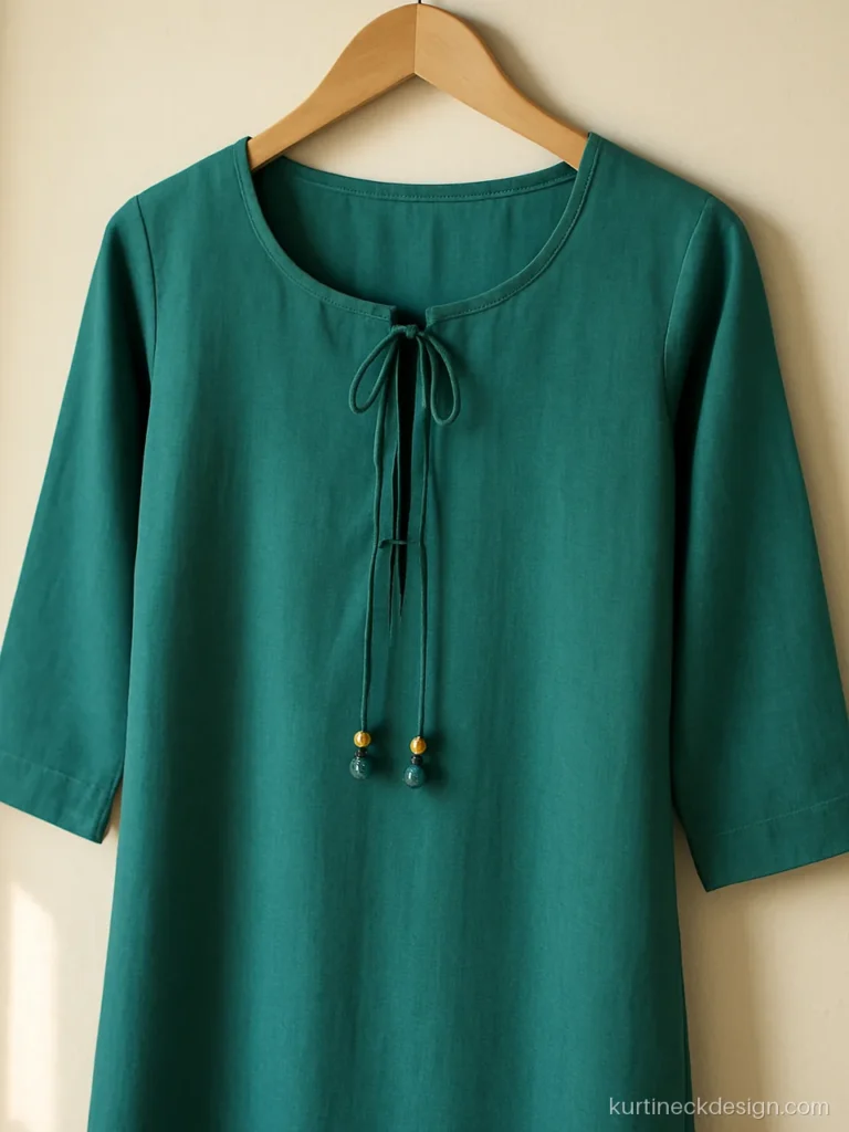 Round neck with a front dori tie on a teal long rayon kurti