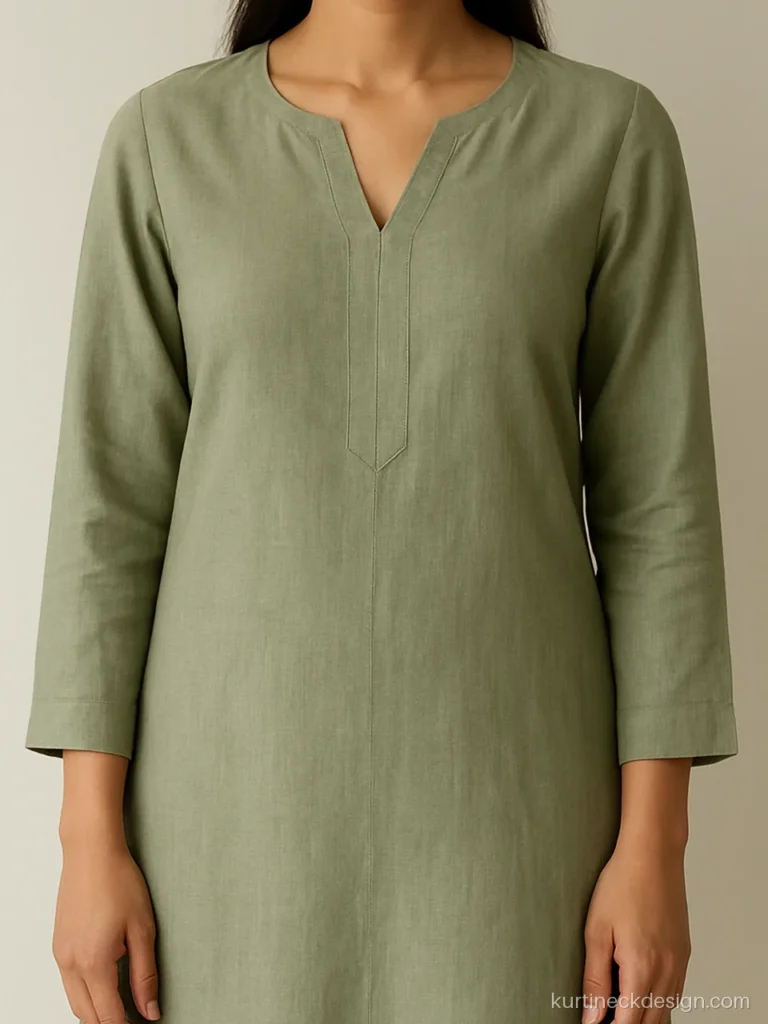 Notched V placket neck on a sage green linen kurta for women