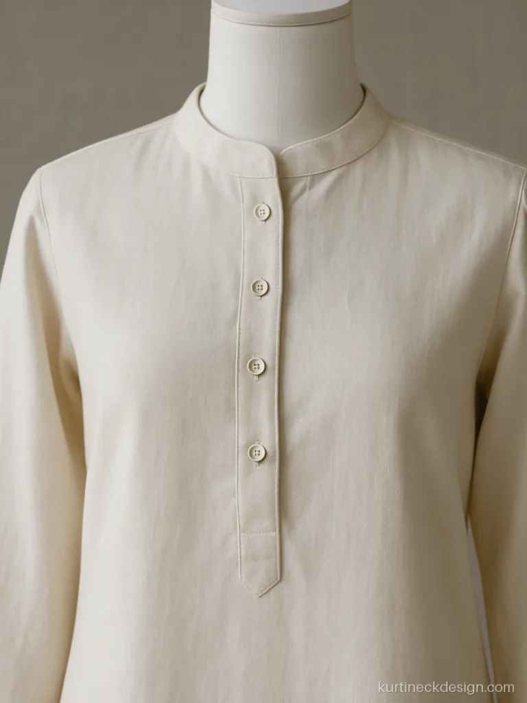 Ladies kurta neck design with a side placket on an ivory cotton kurta